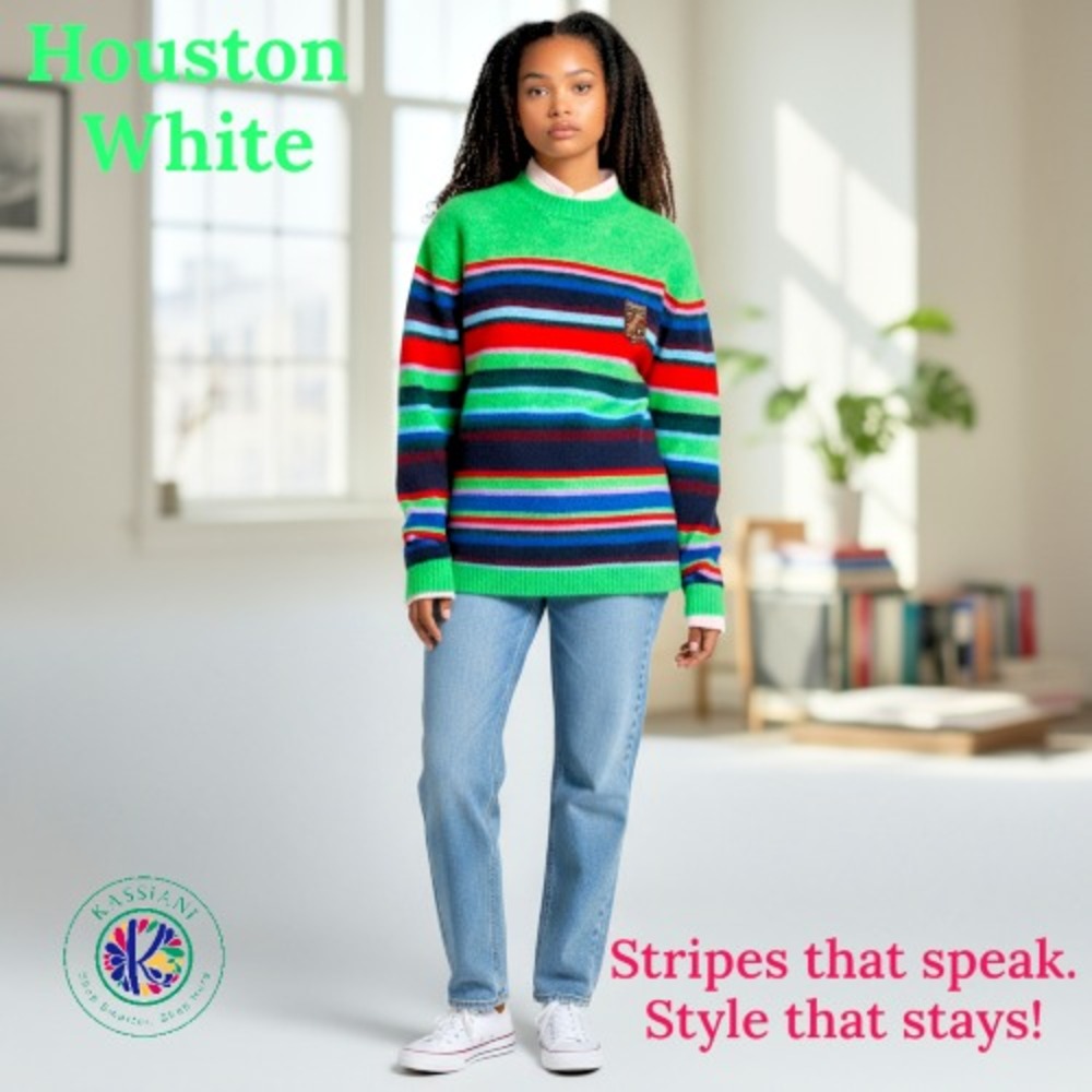 Houston White Green Stripe Crewneck Pullover Sweater – Size L Unisex Crest Logo‎